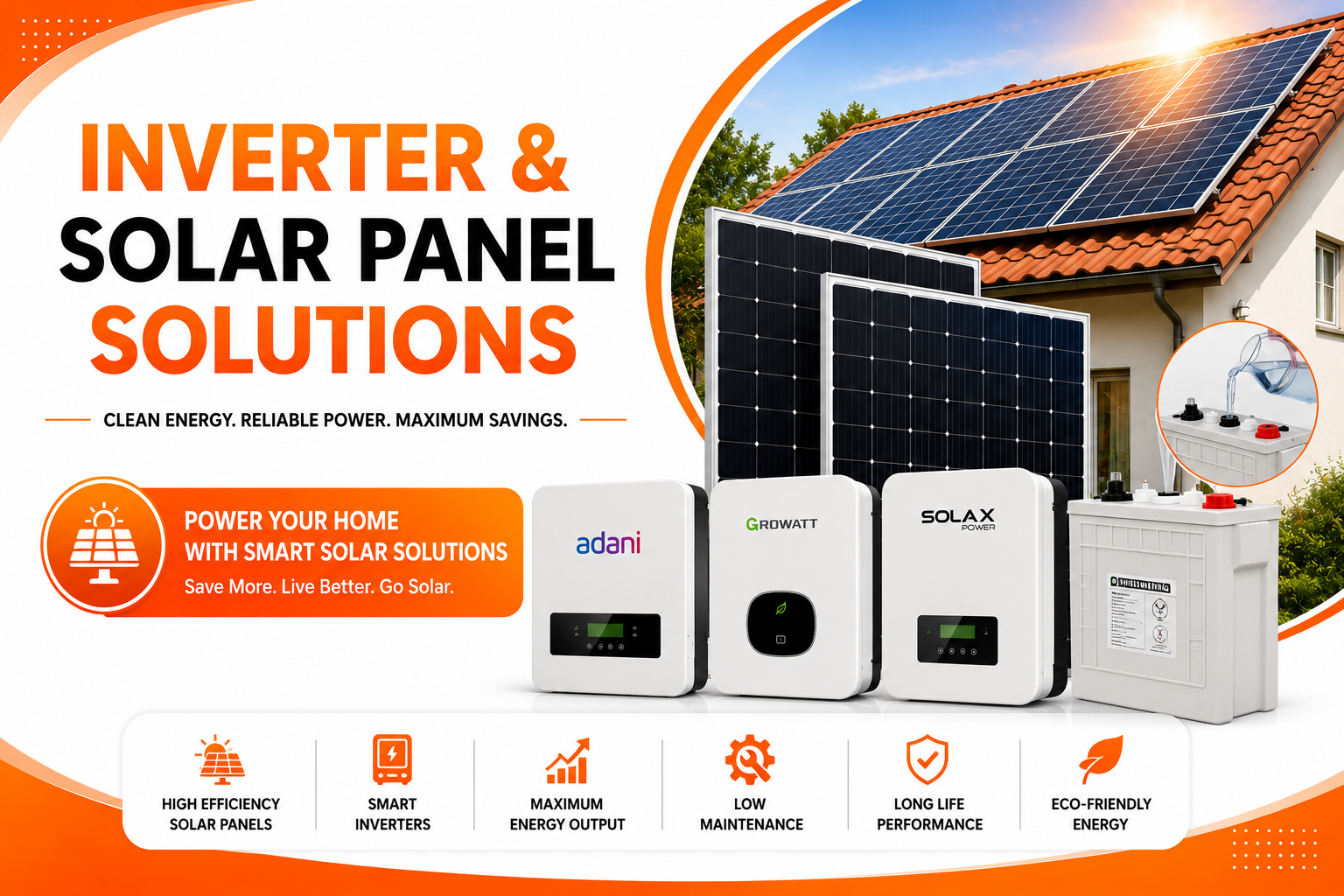 Solar panels, inverter, and battery backup system.