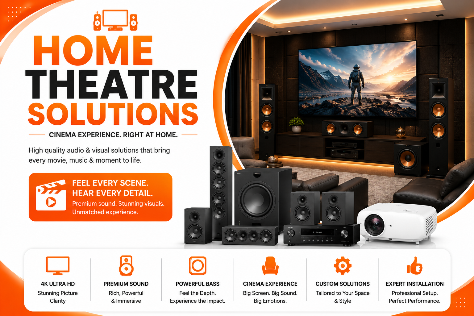 Modern home theatre setup with projector, speakers, subwoofer, and AV receiver.