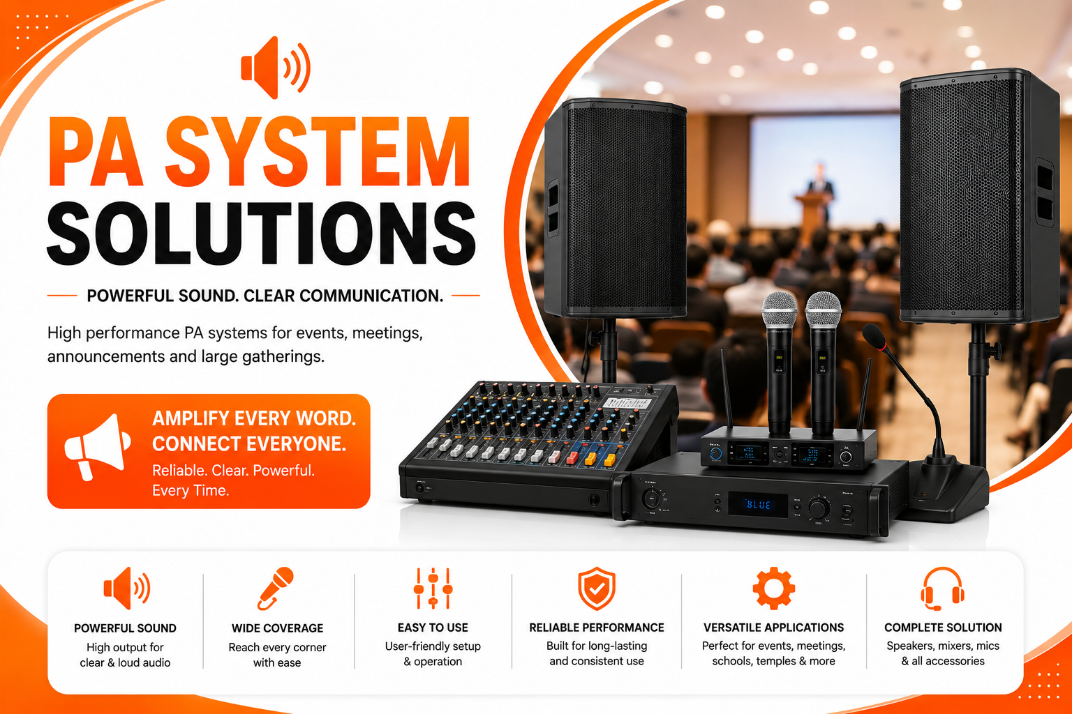 PA system with speakers, microphones, mixer, and amplifier.