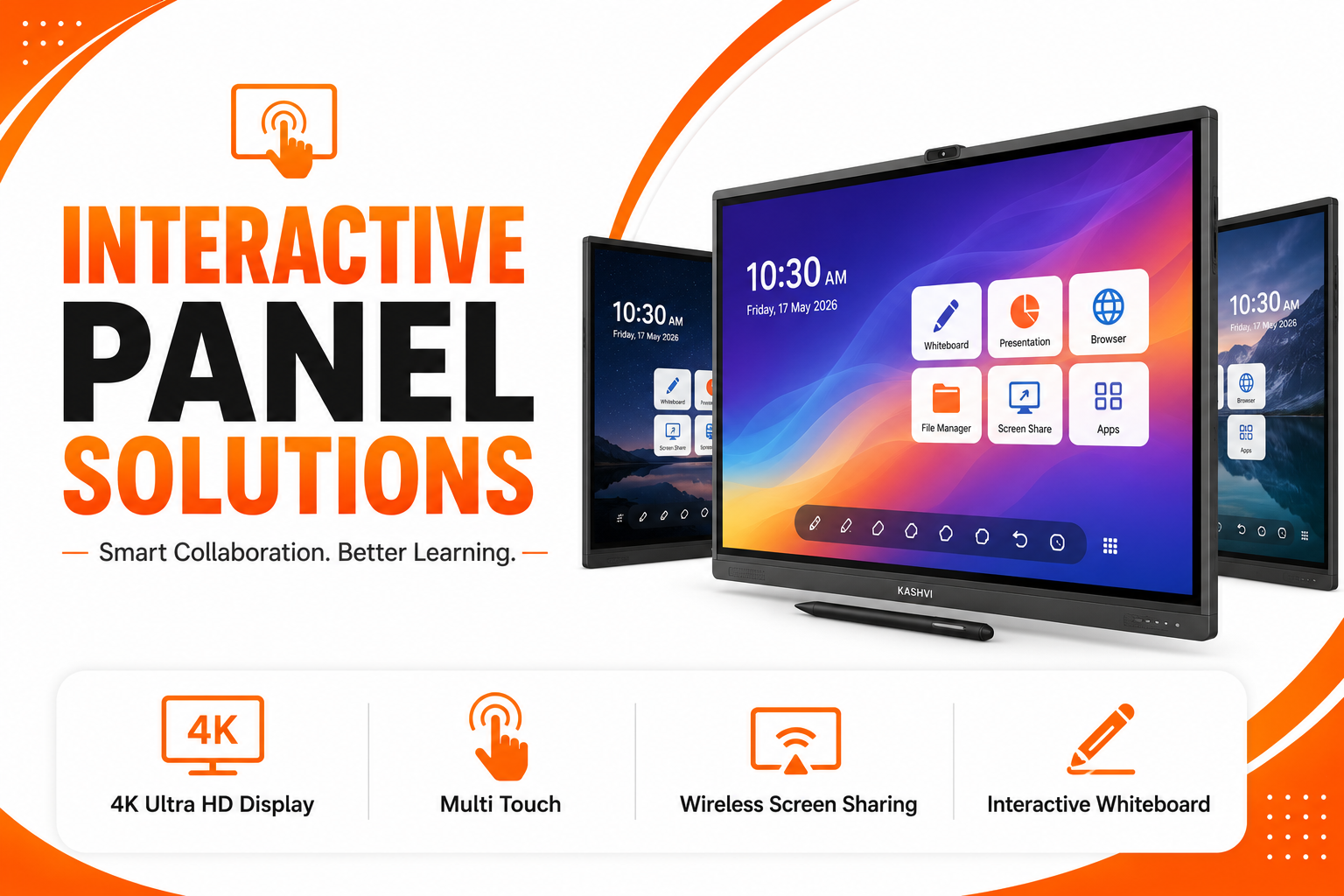 Interactive panel with 4K display, multi-touch, wireless screen sharing, and digital whiteboard.